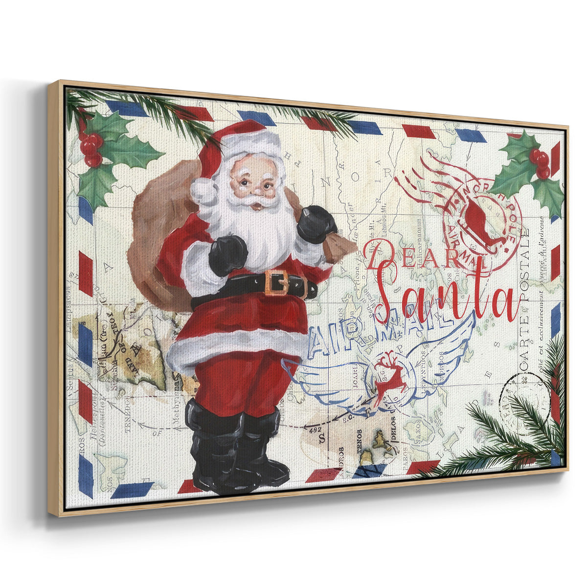 Christmas Par Avion Collection A - Framed Gallery Wrapped Canvas in Floating Frame