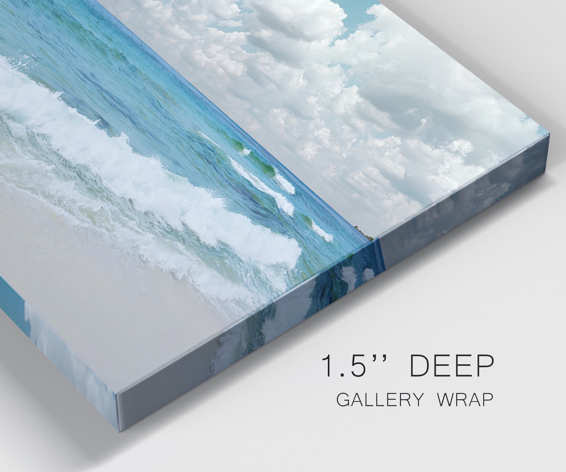 Close-up view of wrapped canvas corner featuring tropical beach scene with turquoise water.