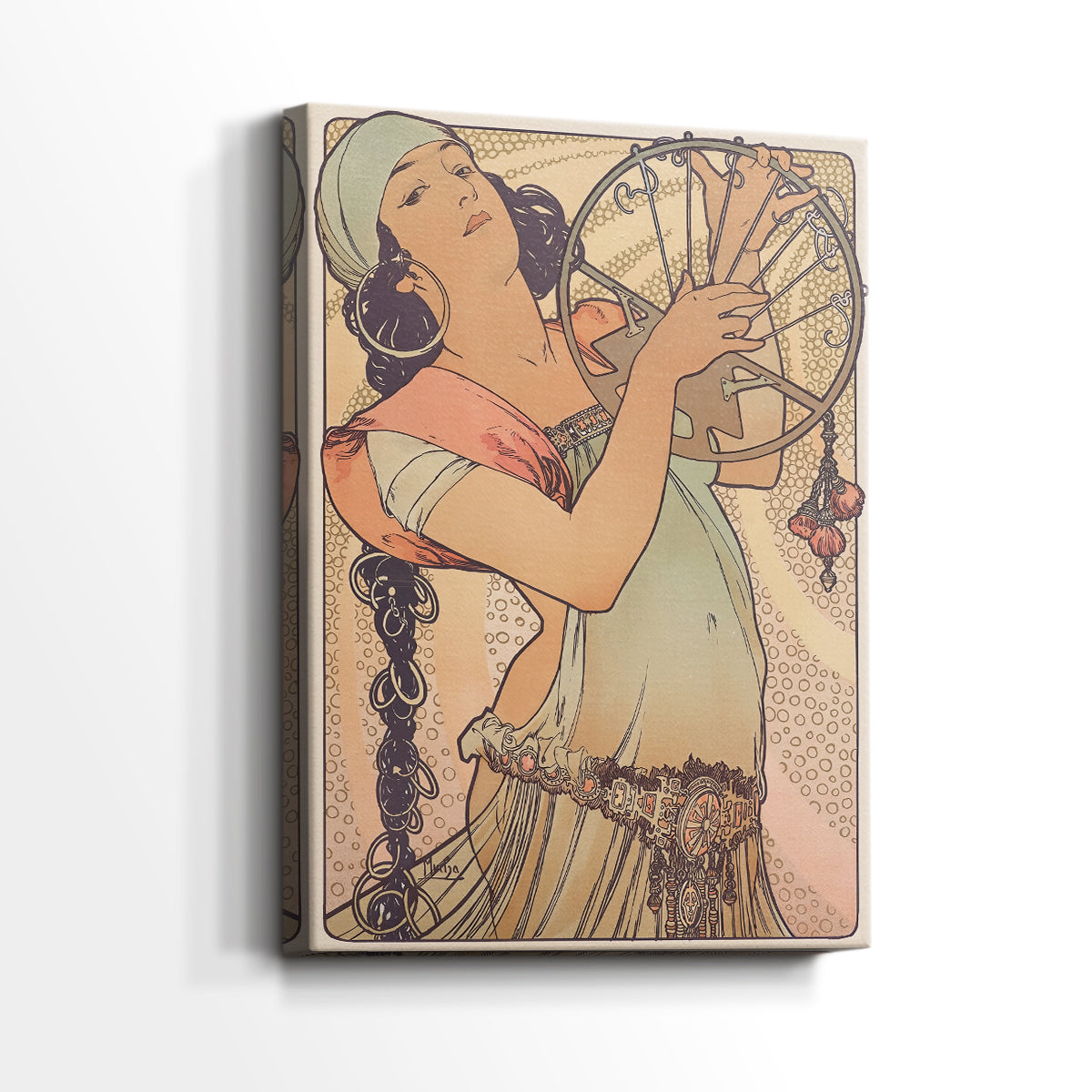 Side view of a canvas art print of a decorative portrait with soft pastel tones and elegant curves, showing gallery-wrapped depth.