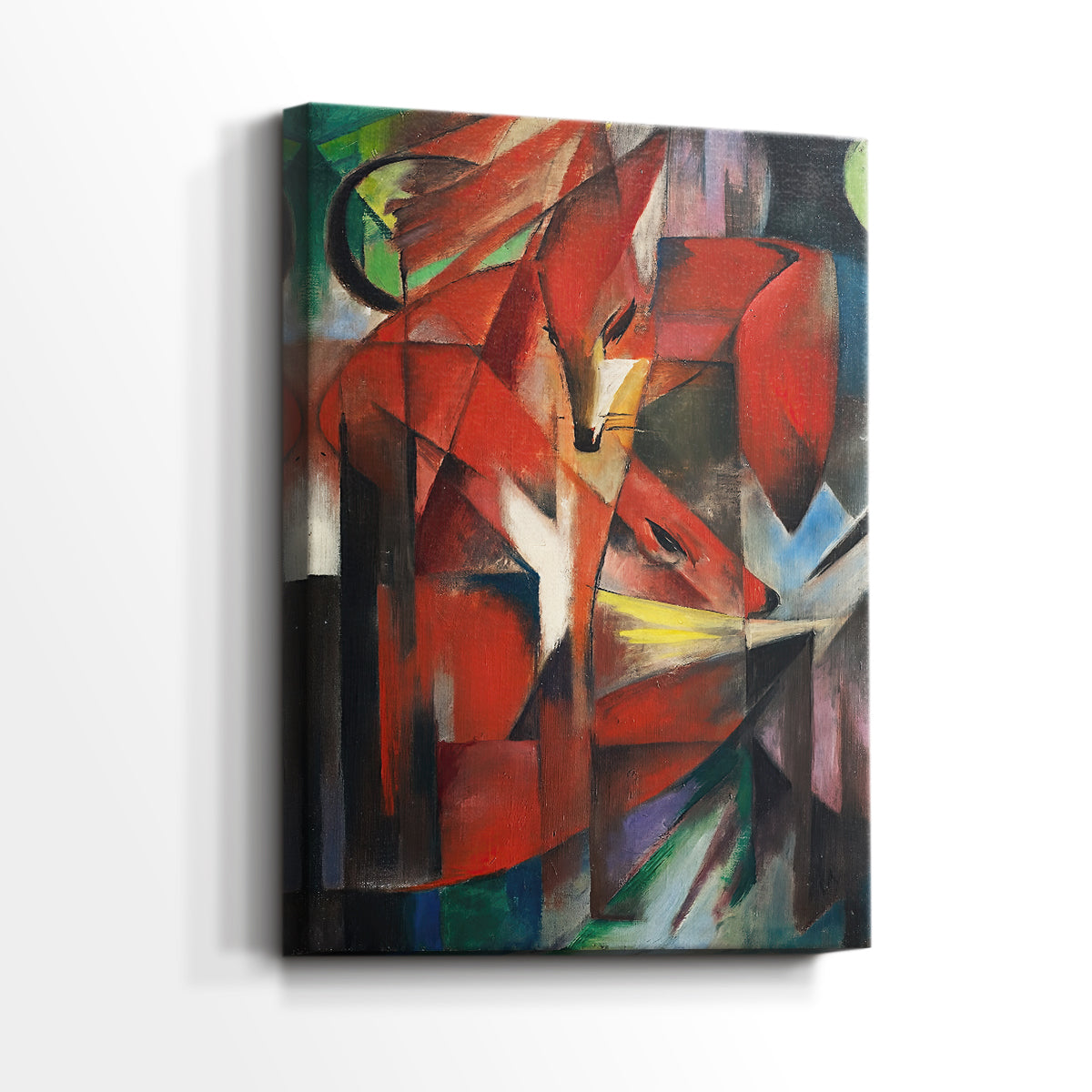 Side view of a canvas art print of a dynamic composition with foxes and bold structure, showing gallery-wrapped depth.