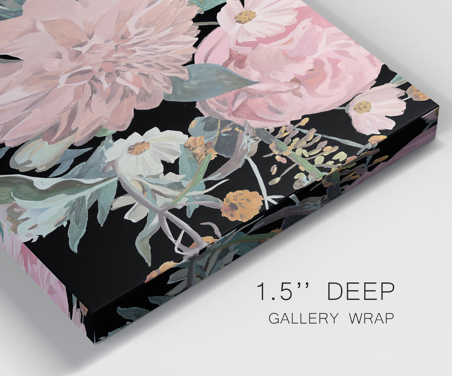 Close-up view of wrapped canvas corner featuring dark floral night blossoms.