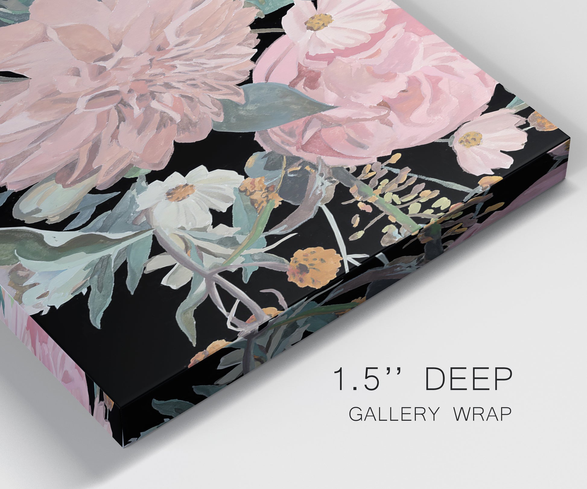 Close-up view of wrapped canvas corner featuring dark floral night blossoms.