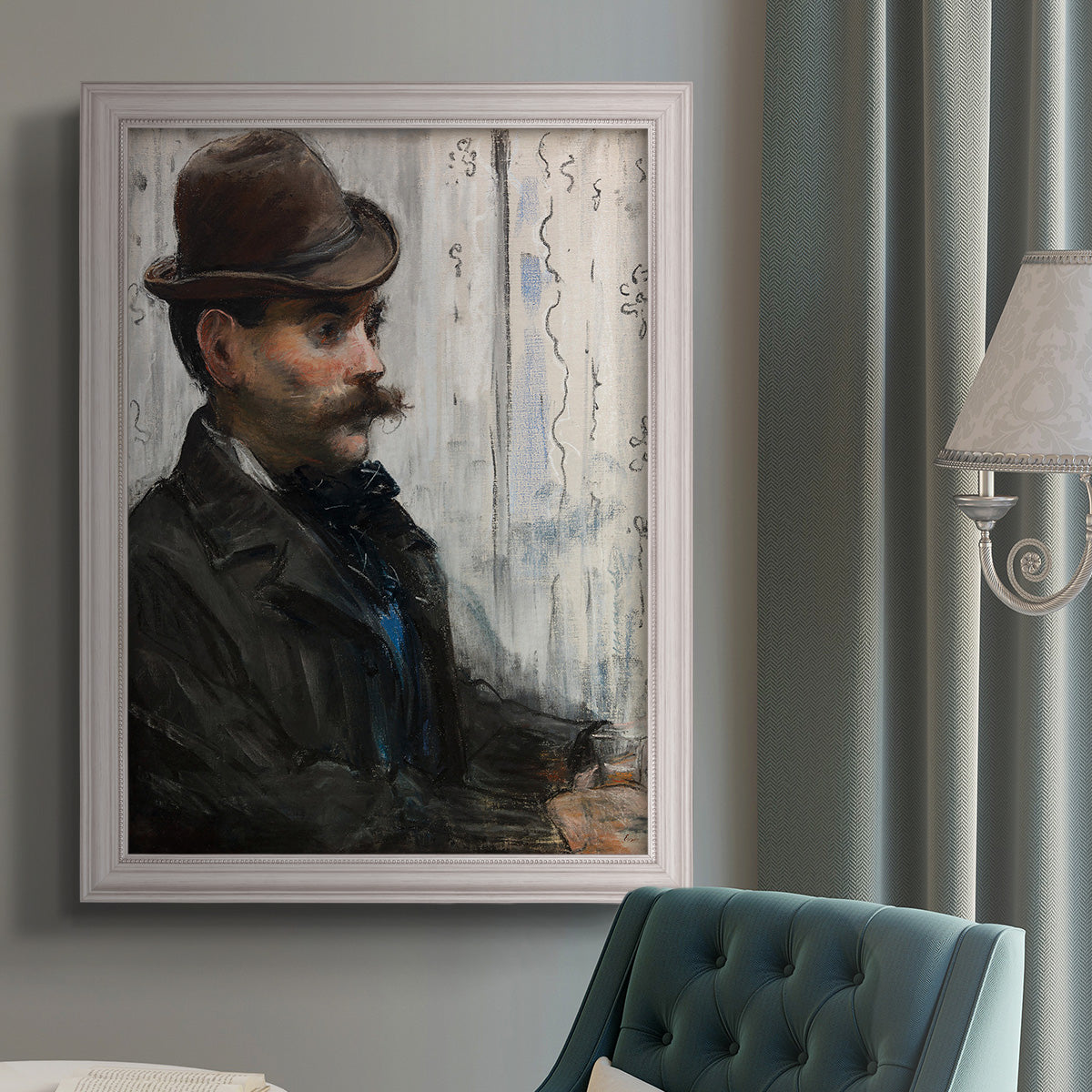 Impressionist portrait of a seated man by Édouard Manet in an {frame_style_descriptor} displayed in a neutral interior setting.