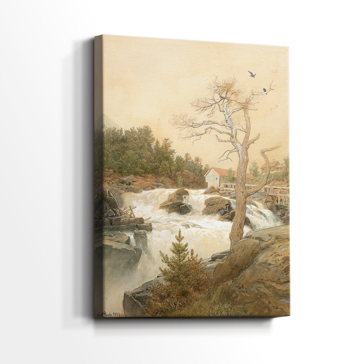 Side view of a canvas art print of a rugged landscape with cascading water and depth, showing gallery-wrapped depth.