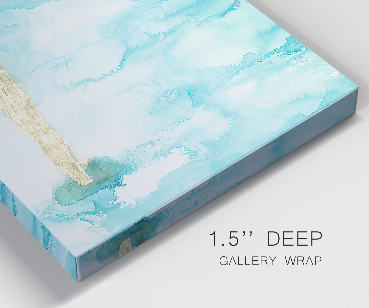 Close-up view of wrapped canvas corner featuring saturated abstract color fields.