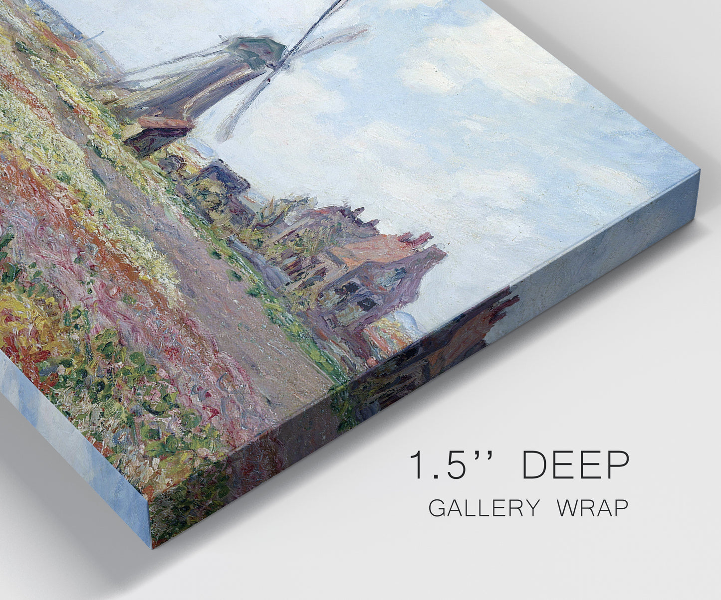 Close-up view of wrapped canvas corner featuring tulip fields with windmill.
