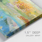 Close-up view of wrapped canvas corner featuring abstract sense of forward movement.