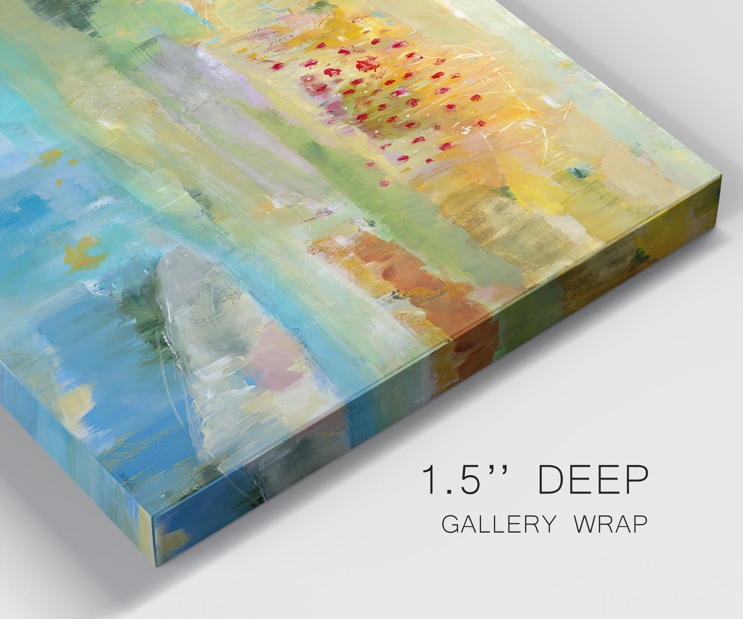 Close-up view of wrapped canvas corner featuring abstract sense of forward movement.