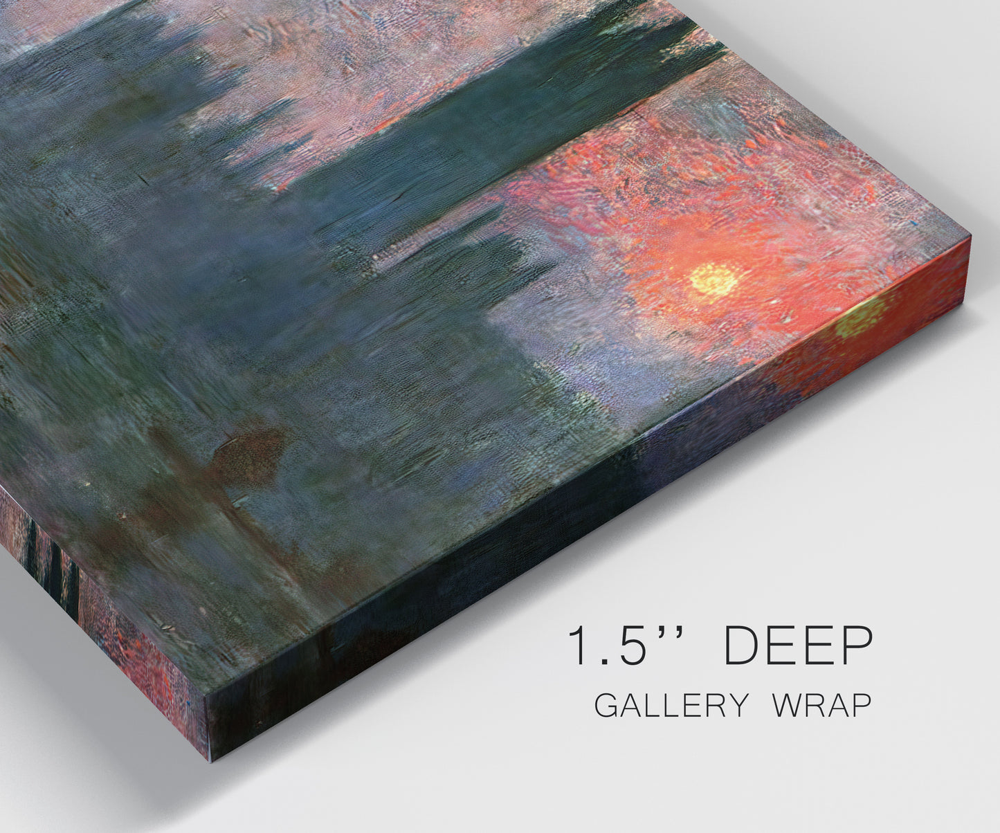 Close-up view of wrapped canvas corner featuring parliament silhouetted at dusk.