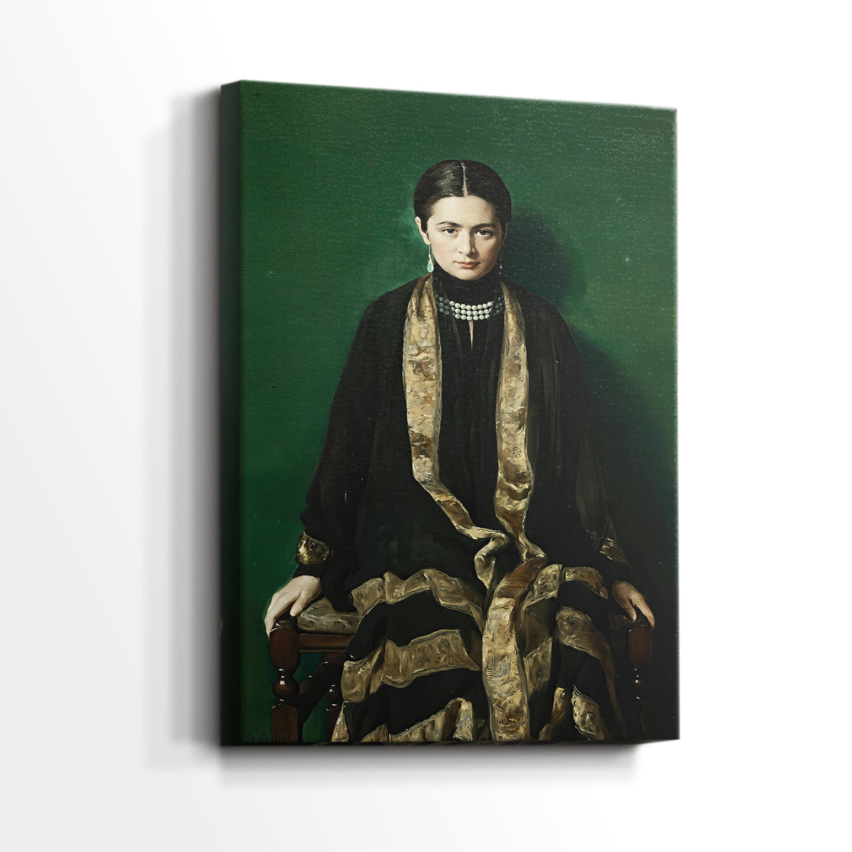 Side view of a canvas art print of a traditional portrait with minimal background and soft light, showing gallery-wrapped depth.