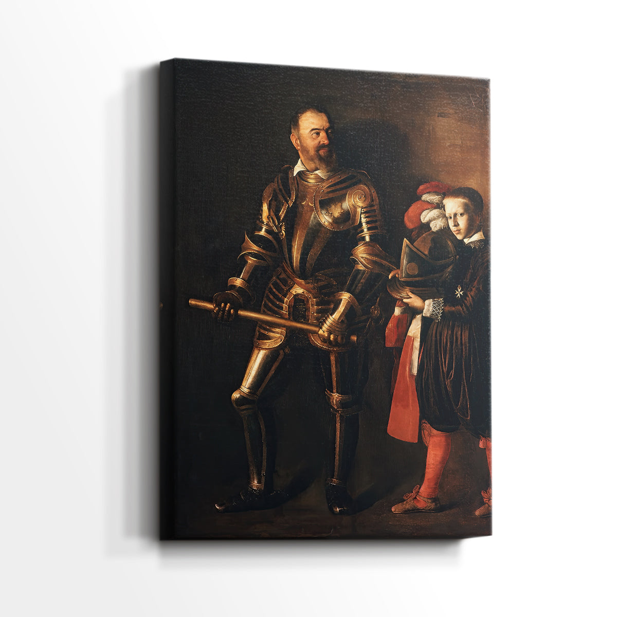 Side view of a canvas art print of a dignified figure with strong contrast and refined features, showing gallery-wrapped depth.