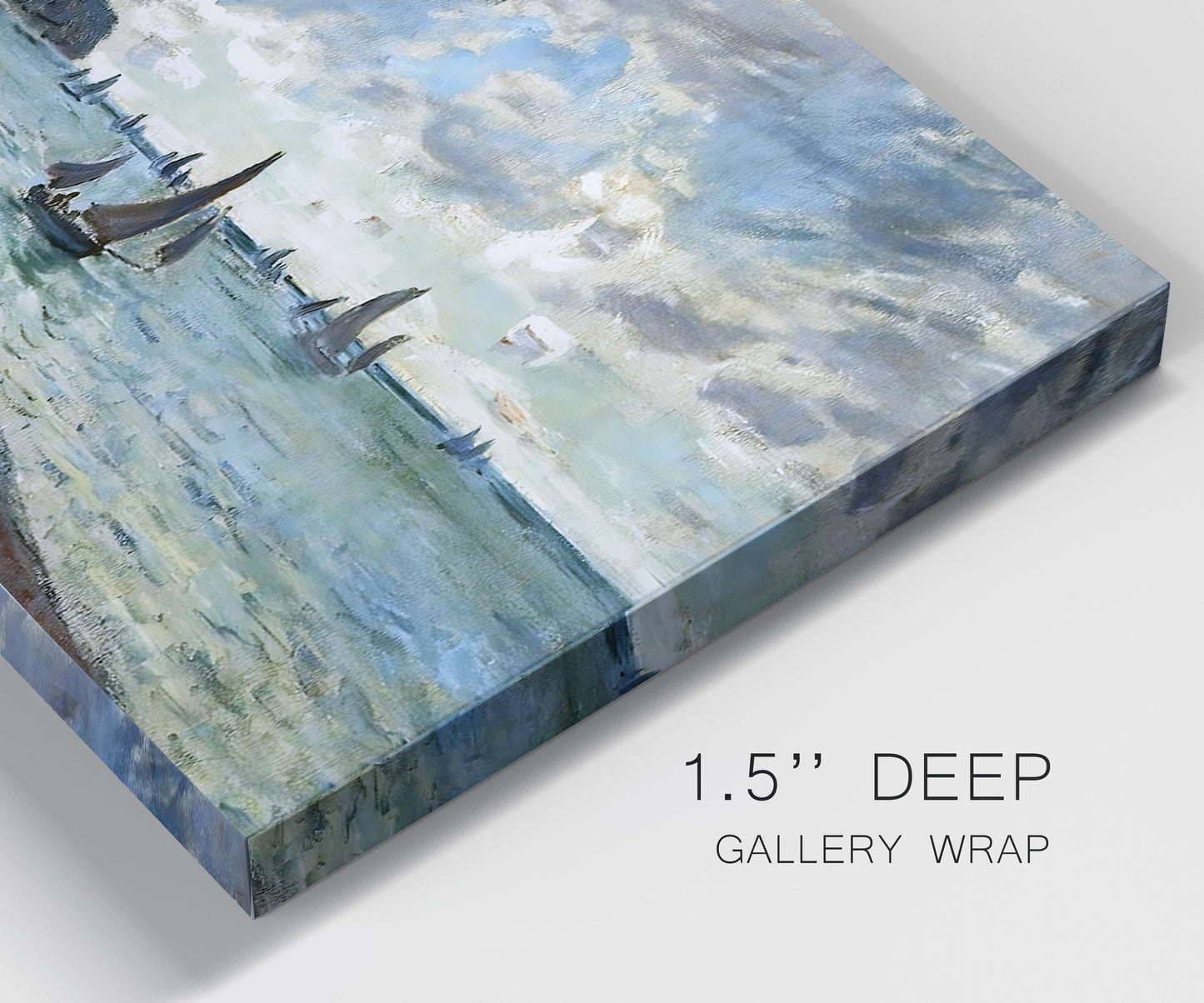 Close-up view of wrapped canvas corner featuring figures walking along sandy shoreline.