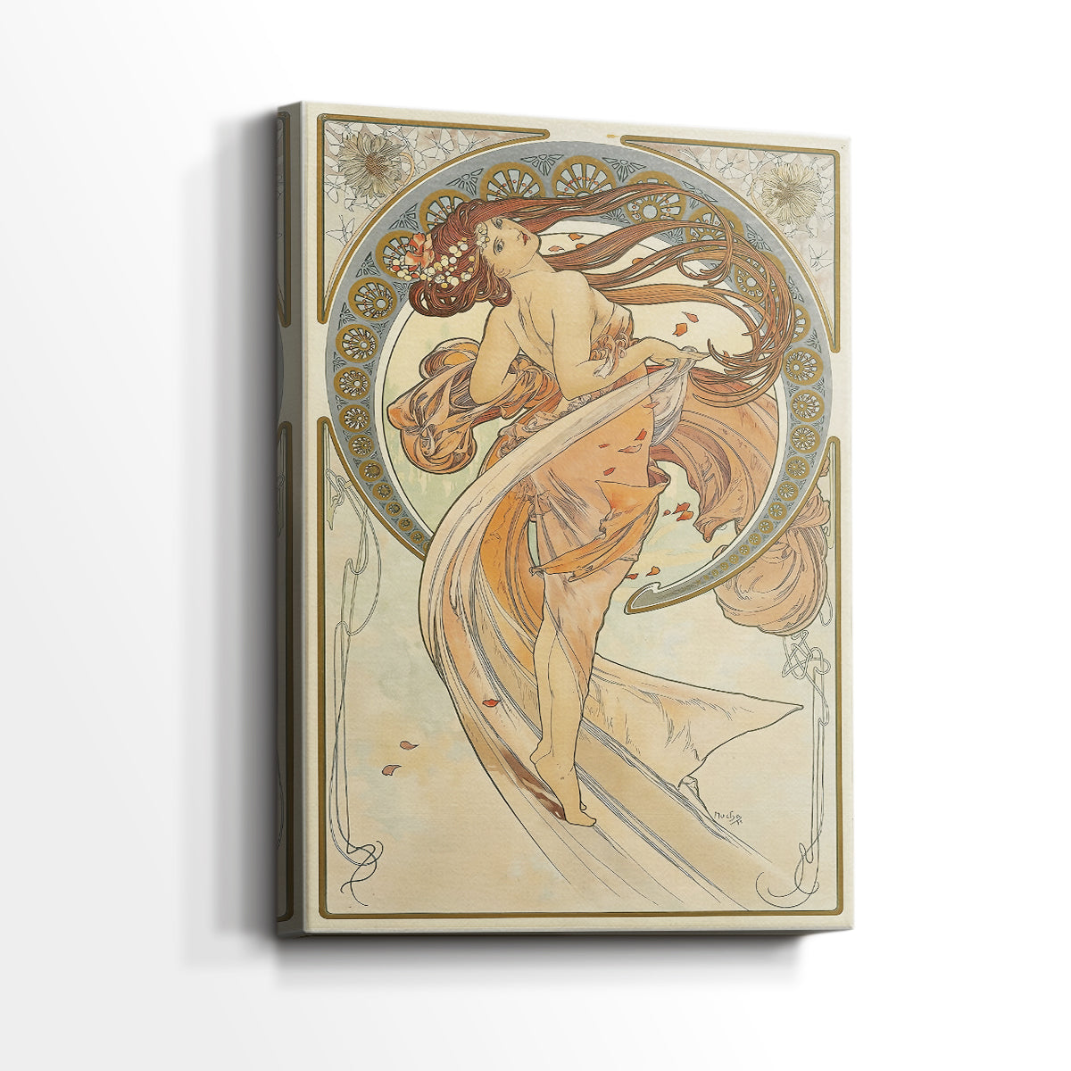 Side view of a canvas art print of a decorative portrait with soft tones and rhythmic composition, showing gallery-wrapped depth.