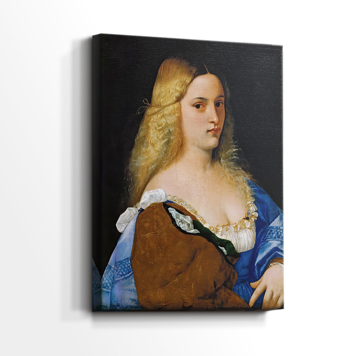 Side view of a canvas art print of a composed portrait with subtle detail and calm presence, showing gallery-wrapped depth.