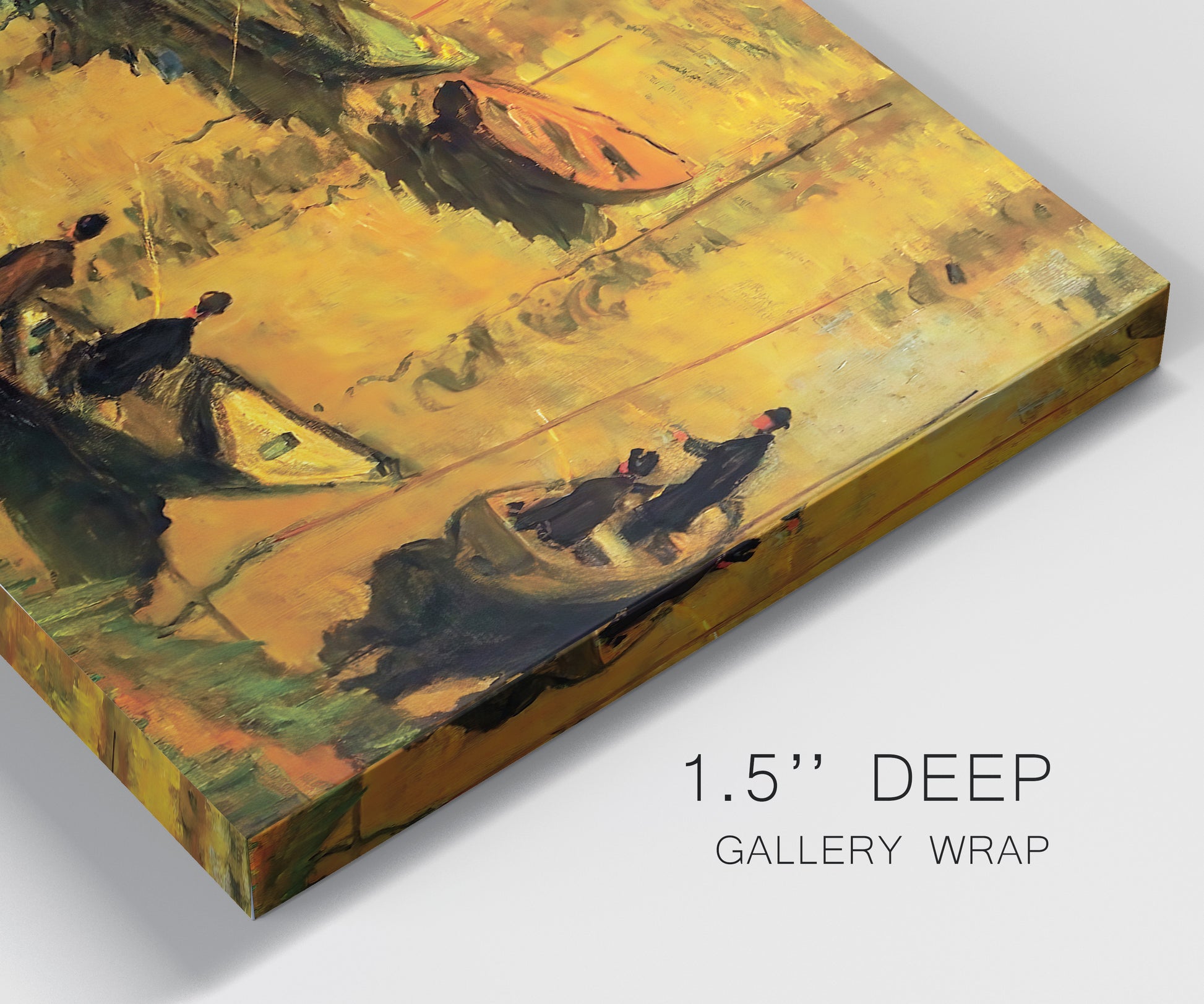 Close-up view of wrapped canvas corner featuring small boat on calm water.