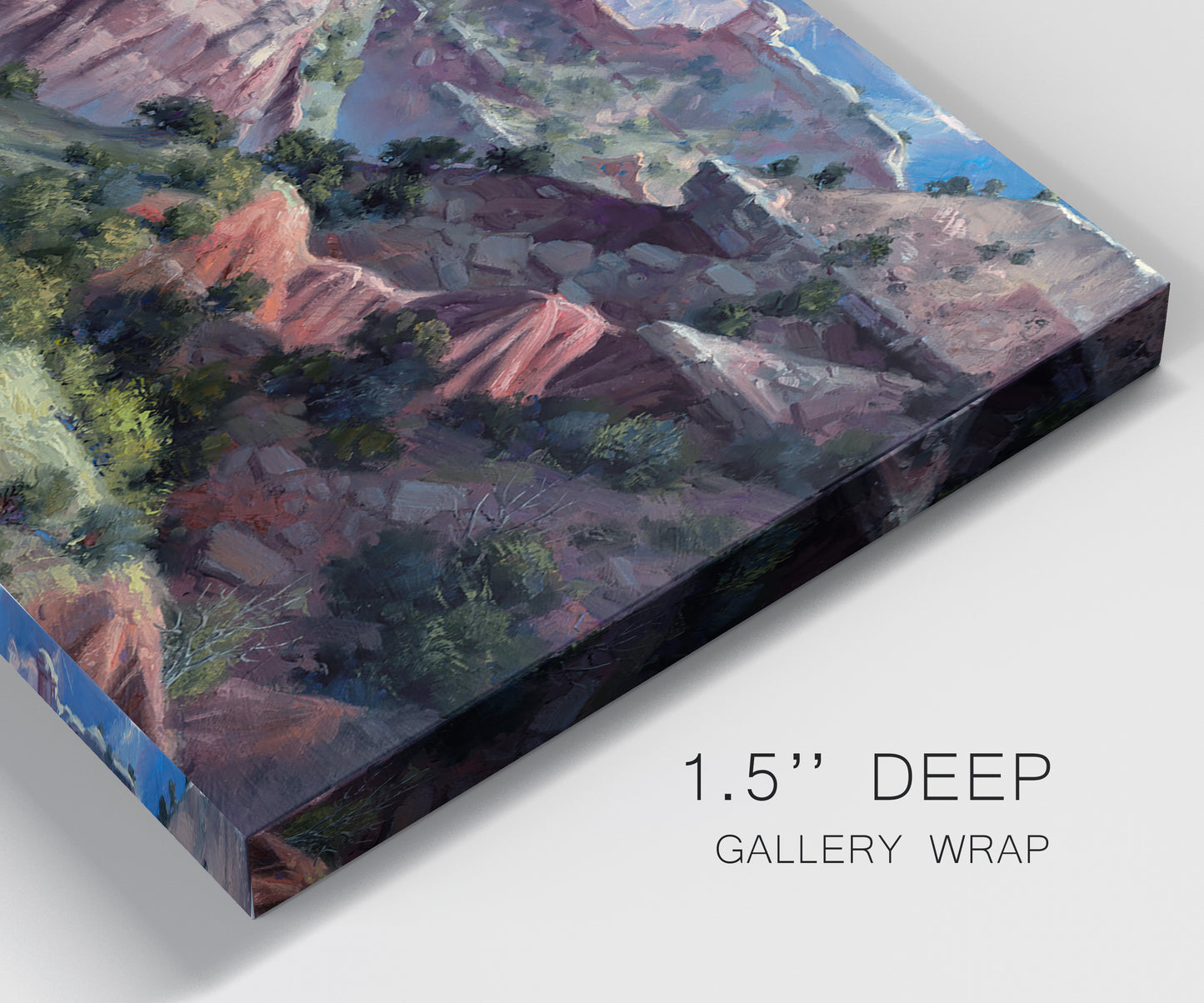 Close-up view of wrapped canvas corner featuring classic canyon landscape scene.