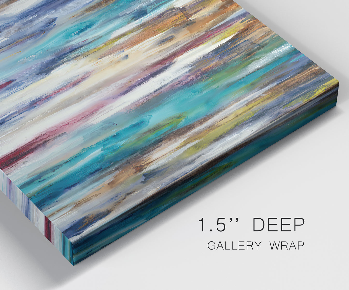 Close-up view of wrapped canvas corner featuring abstract shifting color forms.