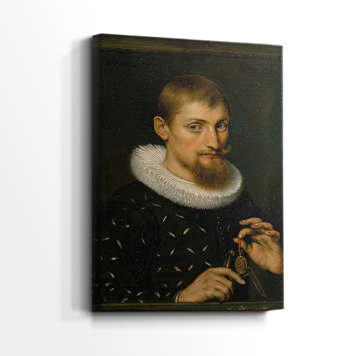 Side view of a canvas art print of a composed portrait with warm tones and classical detail, showing gallery-wrapped depth.