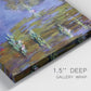 Close-up view of wrapped canvas corner featuring blue and purple water lily pond.