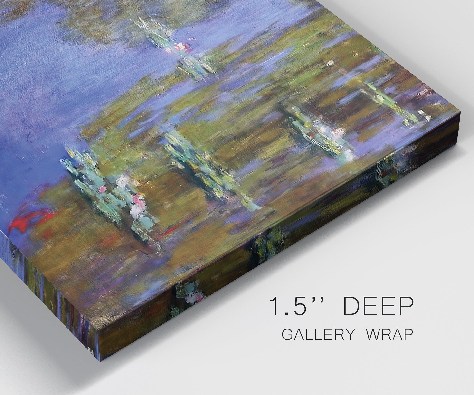 Close-up view of wrapped canvas corner featuring blue and purple water lily pond.