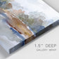 Close-up view of wrapped canvas corner featuring layered abstract mountain forms.