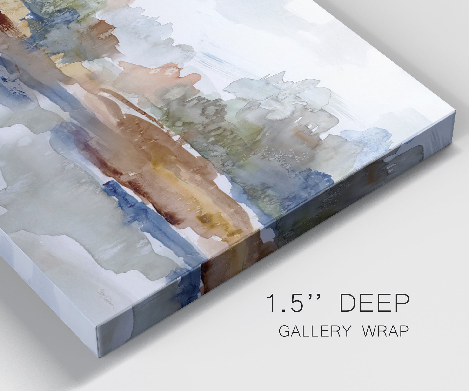 Close-up view of wrapped canvas corner featuring layered abstract mountain forms.