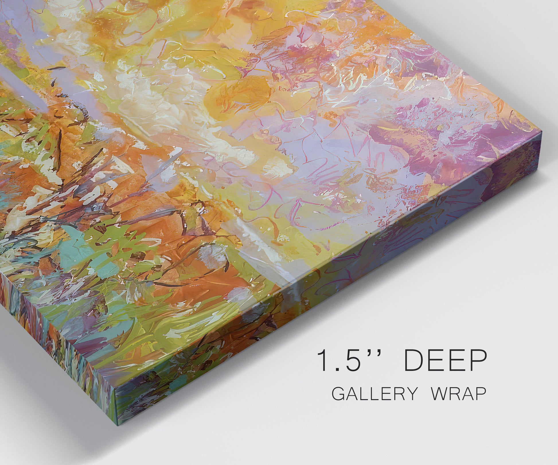 Close-up view of wrapped canvas corner featuring abstract meadow inspired color fields.