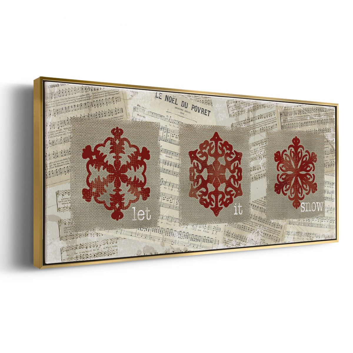 Burlap Music Snowflakes - Floater Framed Canvas Print