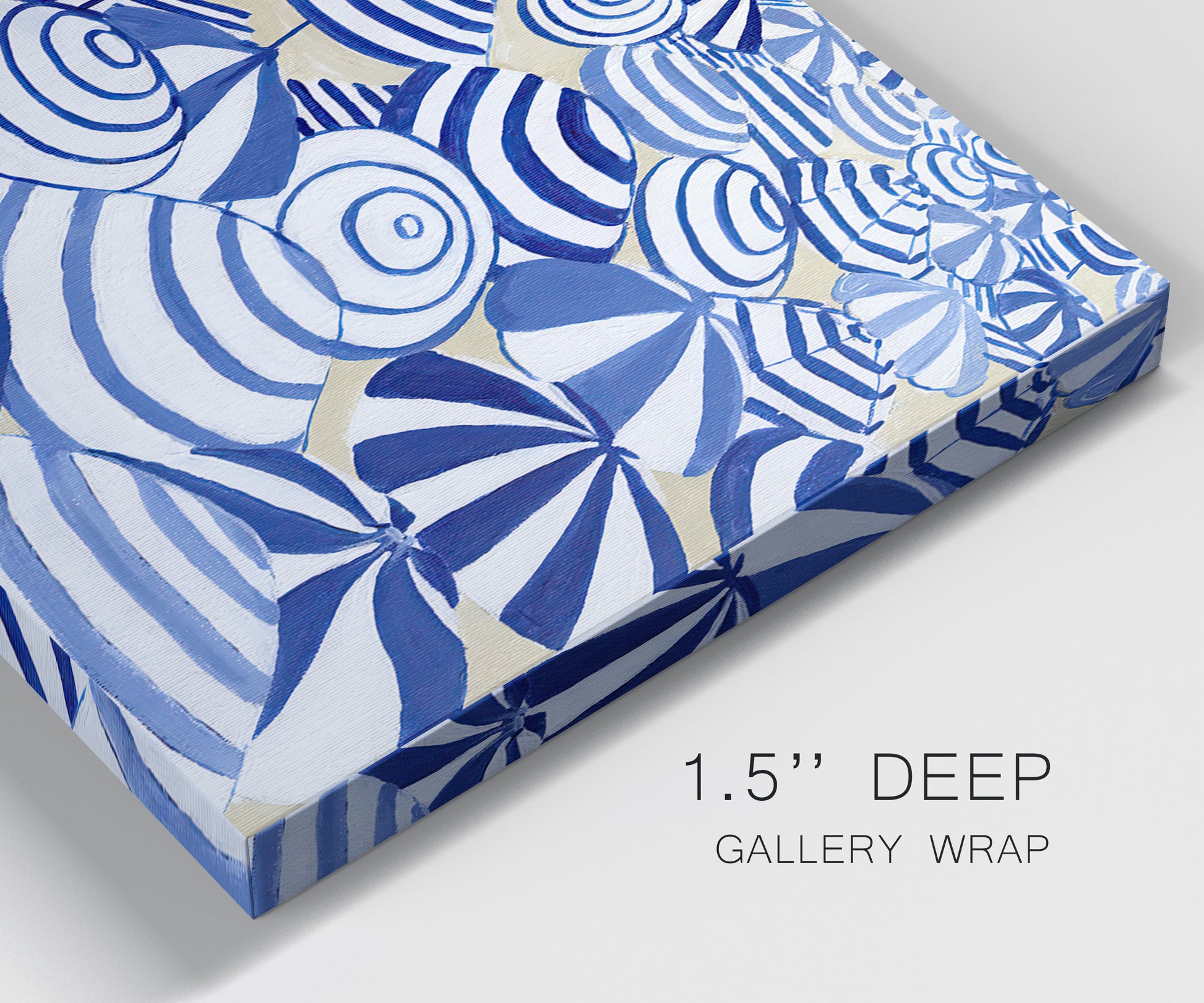 Close-up view of wrapped canvas corner featuring geometric abstract bowl forms.