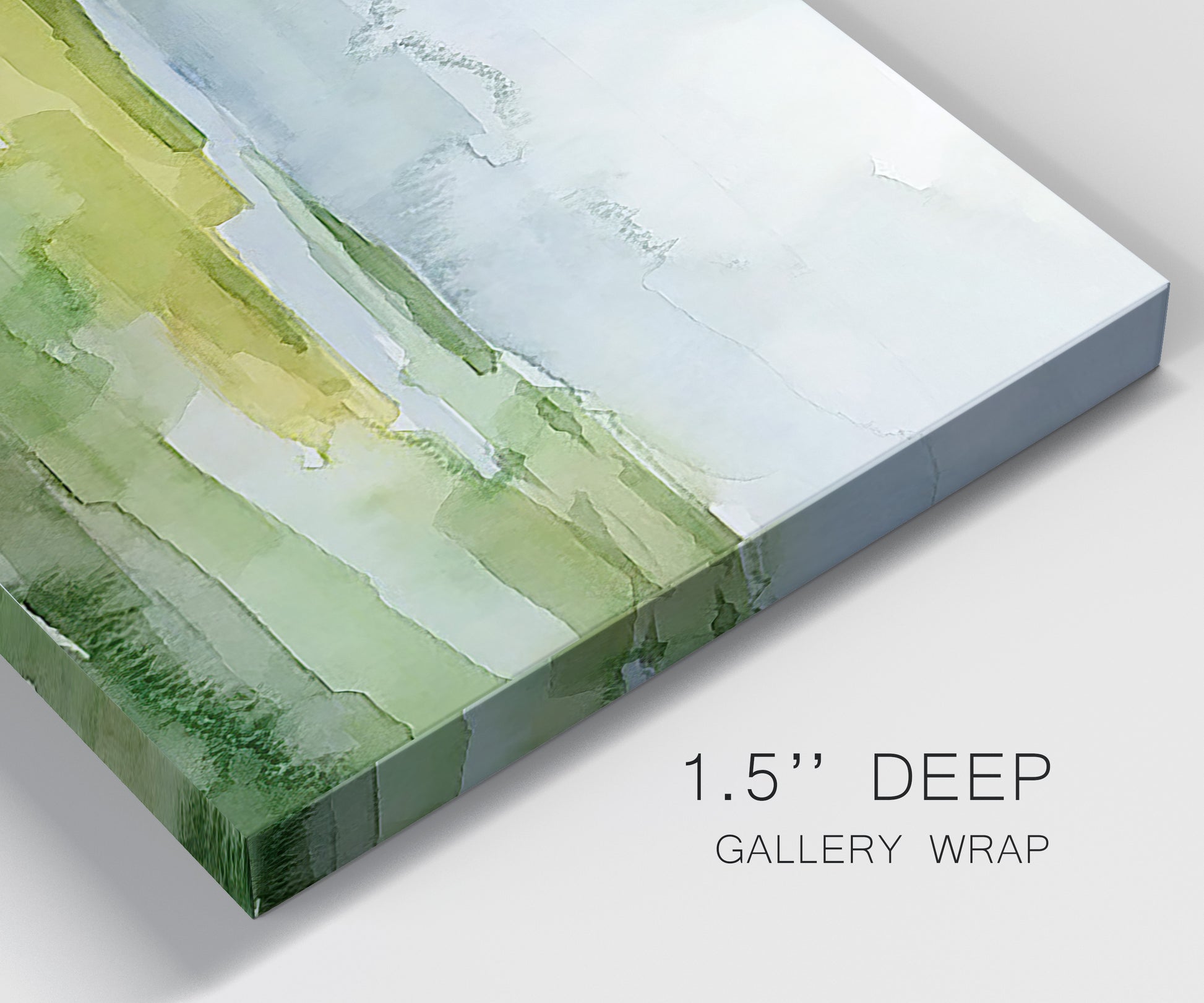 Close-up view of wrapped canvas corner featuring lowland wetlands with reflective water.