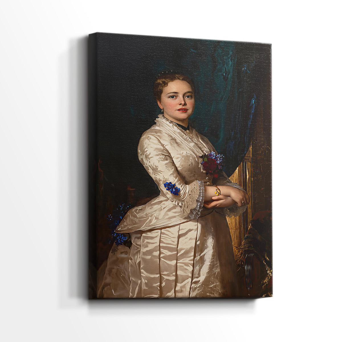 Side view of a canvas art print of a composed figure with refined features and subtle detail, showing gallery-wrapped depth.