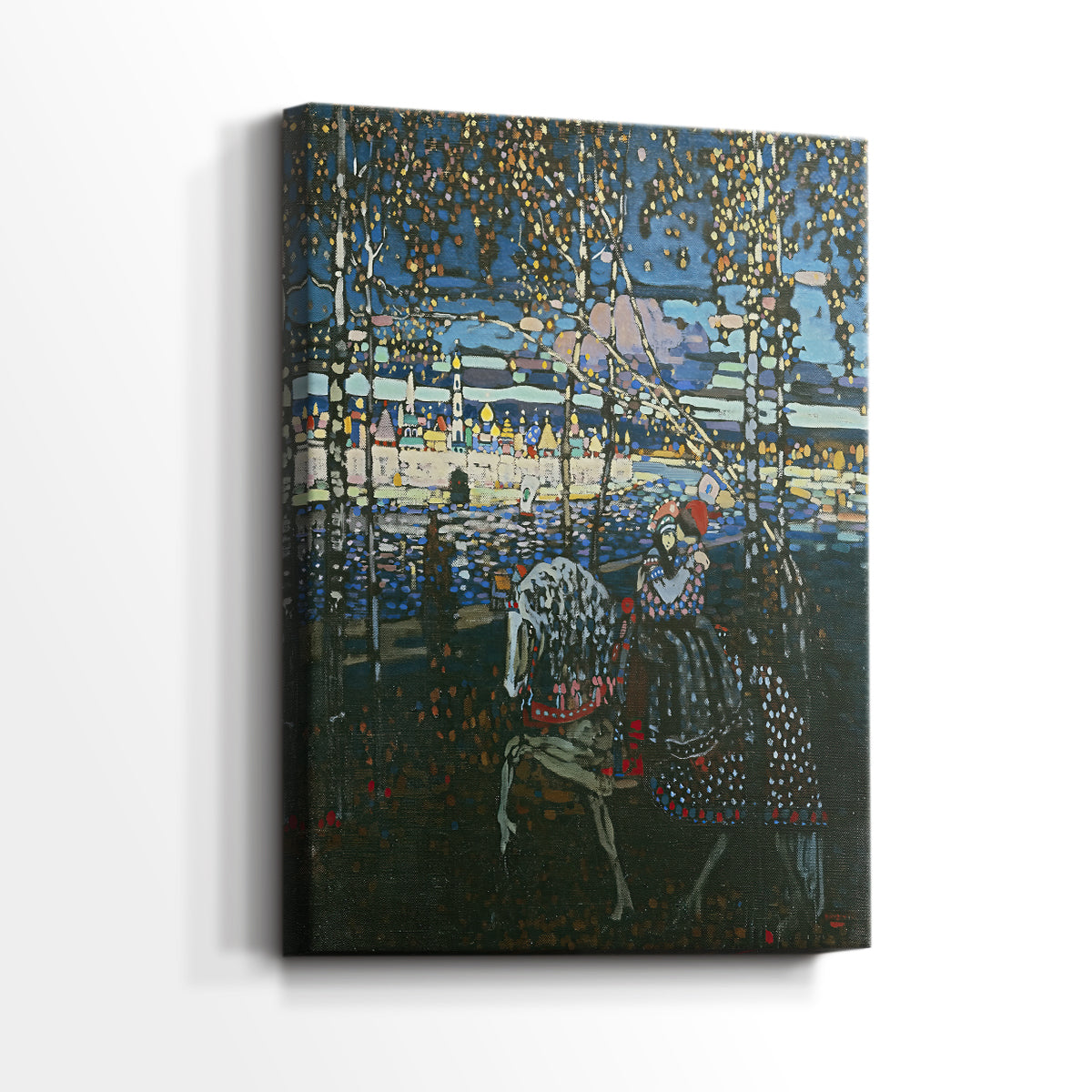Side view of a canvas art print of a modern image with blended tones and abstracted forms, showing gallery-wrapped depth.