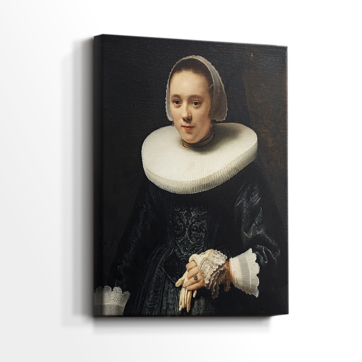 Side view of a canvas art print of a composed portrait with subtle contrast and texture, showing gallery-wrapped depth.