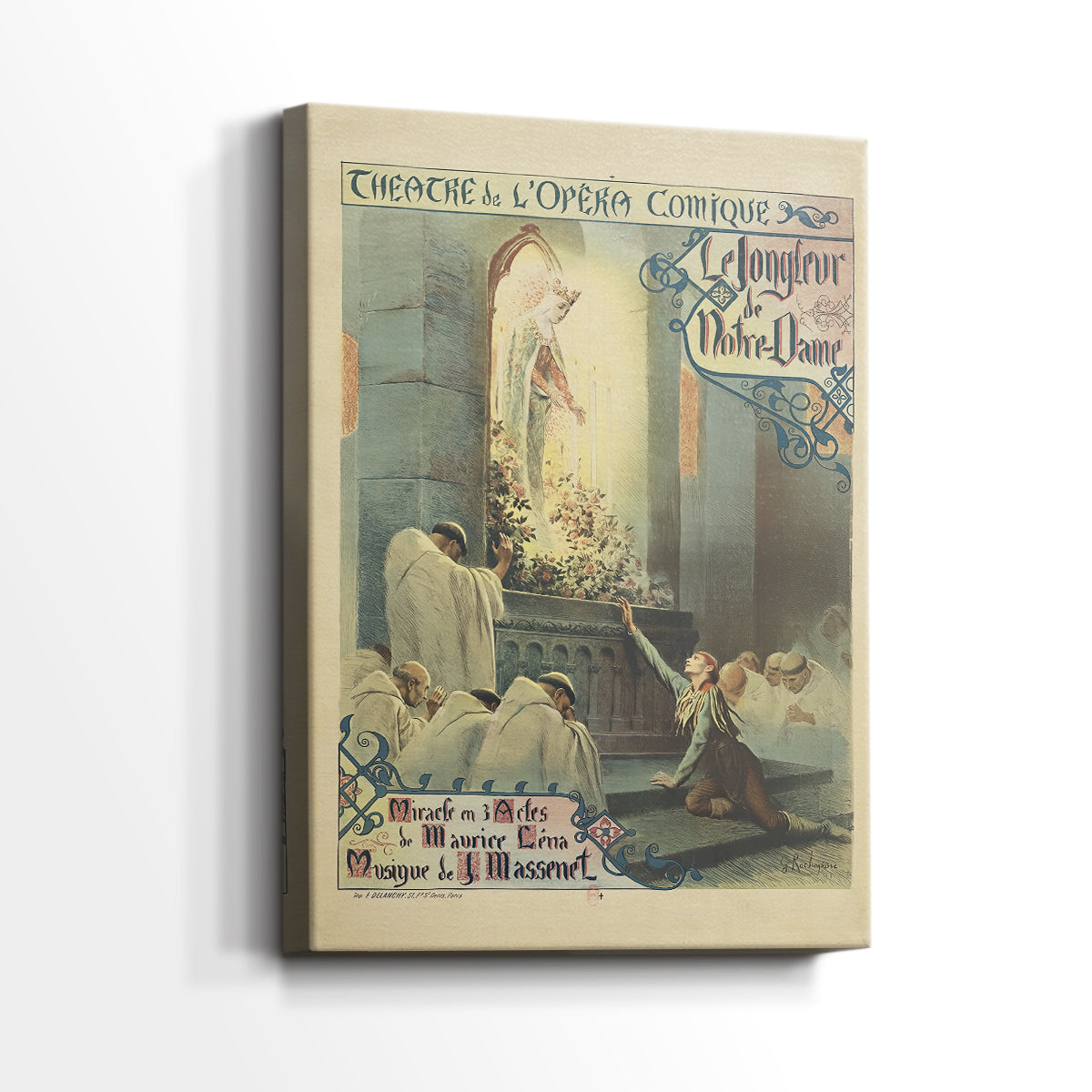Side view of a canvas art print of a stylized poster with elegant lines and subtle color, showing gallery-wrapped depth.