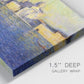 Close-up view of wrapped canvas corner featuring layered modern abstract color ribbons.