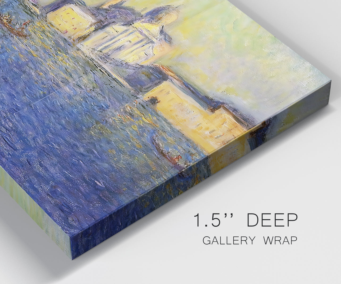 Close-up view of wrapped canvas corner featuring layered modern abstract color ribbons.