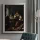 Classical portrait of a soldier smoking a pipe by Frans van Mieris the Elder in an {frame_style_descriptor} displayed in a neutral interior setting.