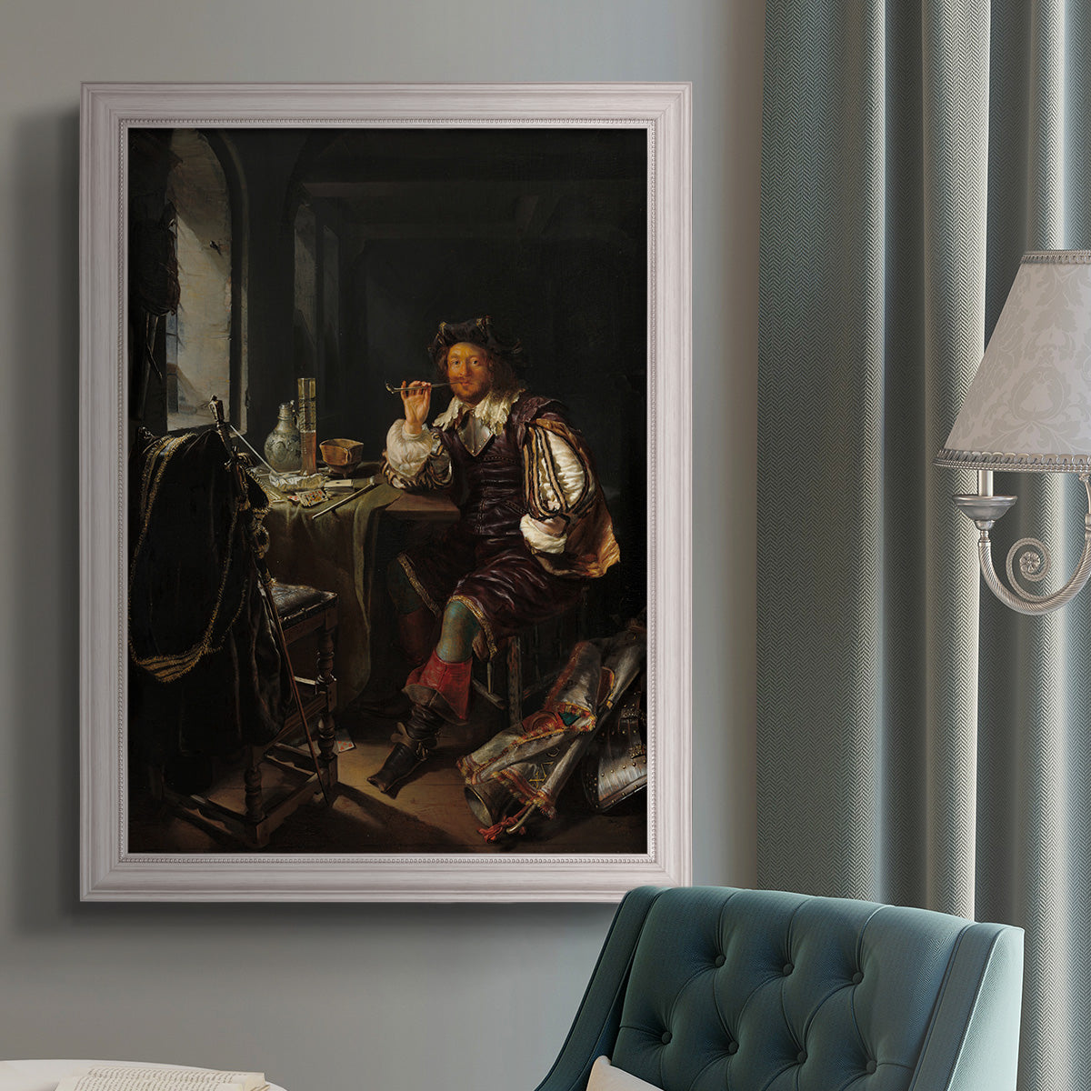 Classical portrait of a soldier smoking a pipe by Frans van Mieris the Elder in an {frame_style_descriptor} displayed in a neutral interior setting.