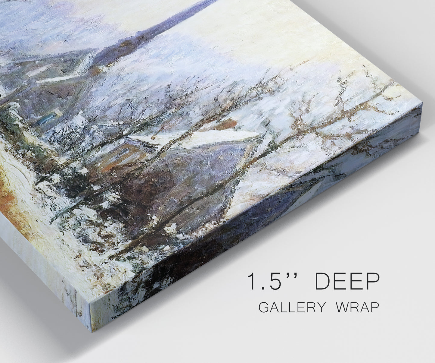Close-up view of wrapped canvas corner featuring snow covered road leading to village.
