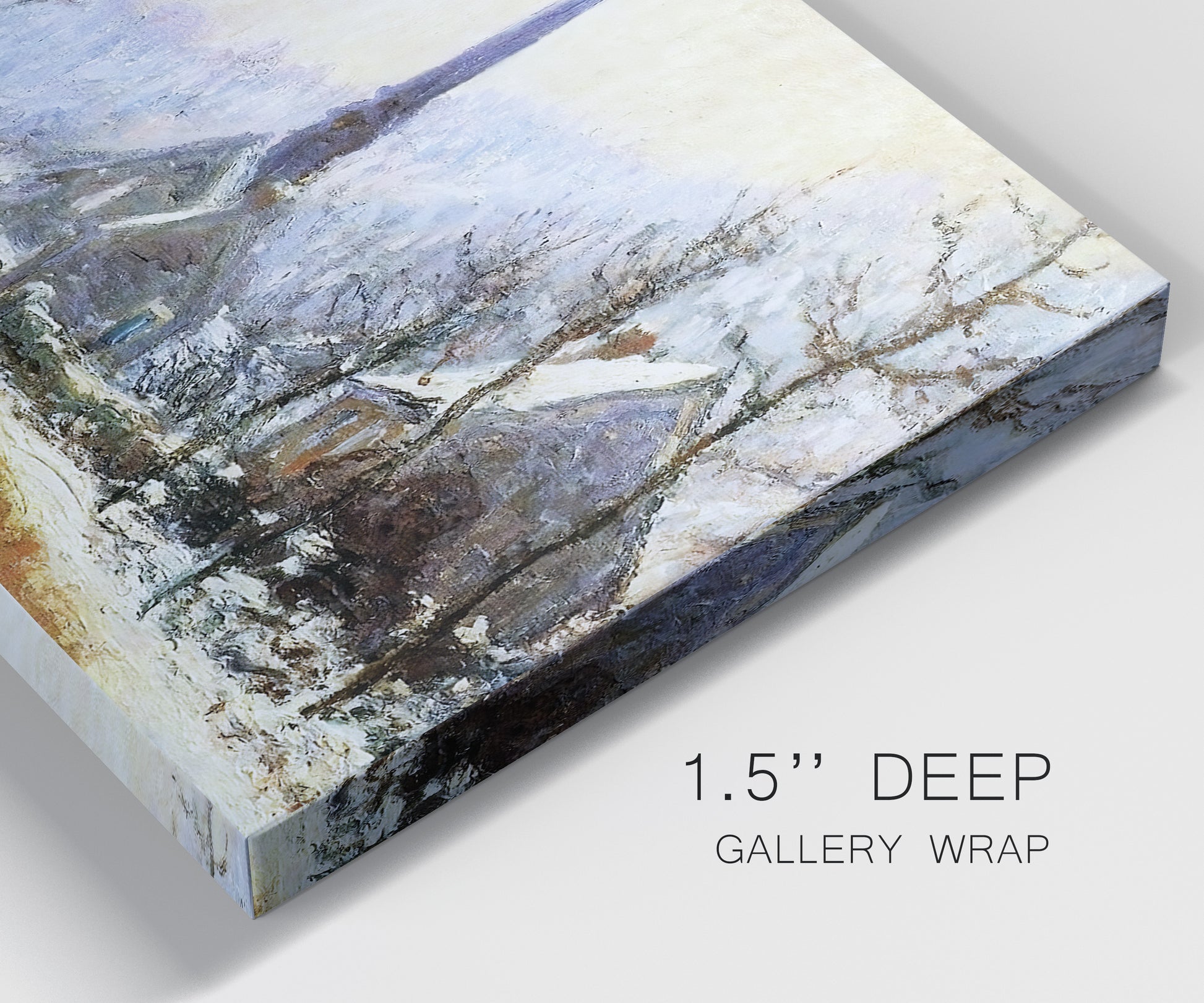 Close-up view of wrapped canvas corner featuring snow covered road leading to village.