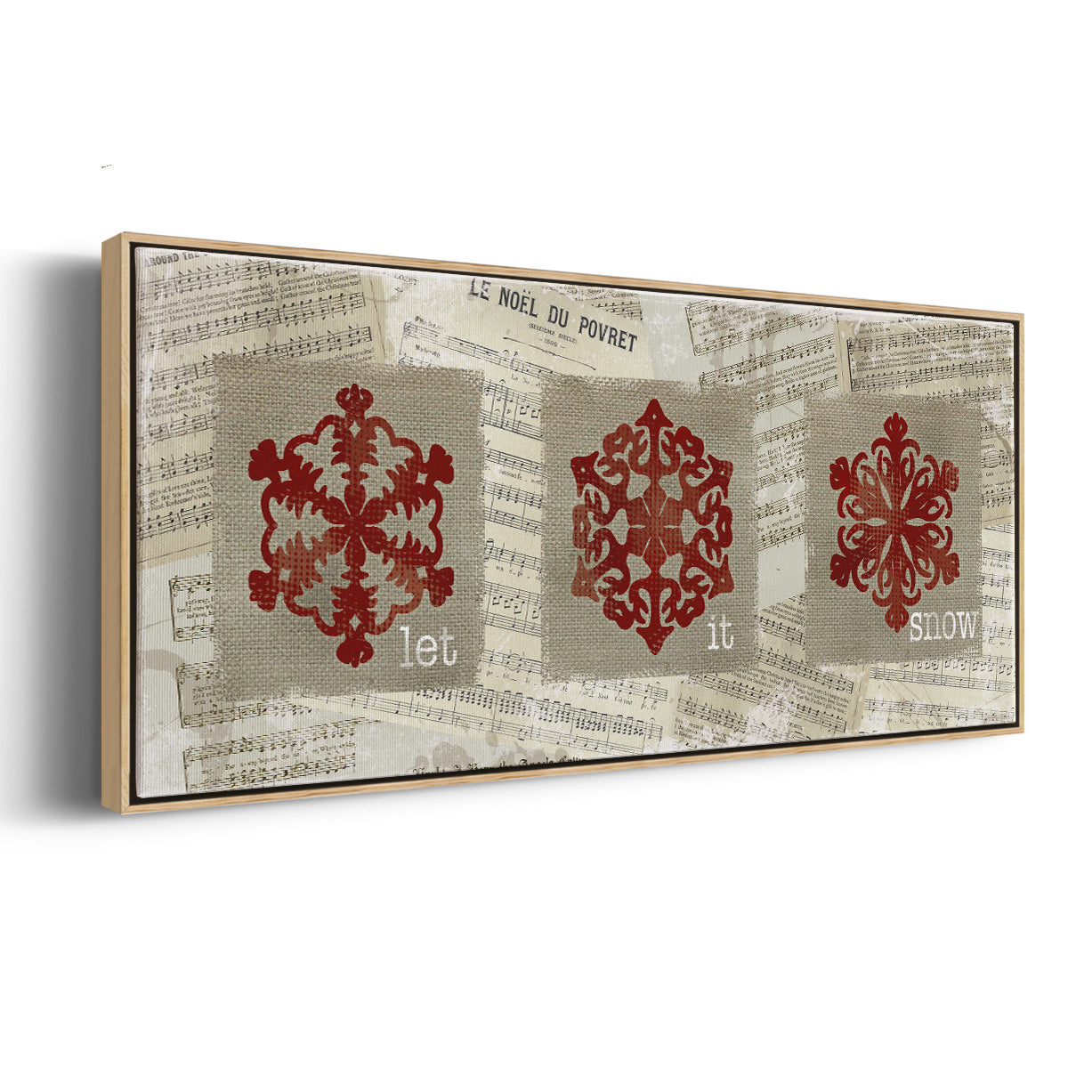 Burlap Music Snowflakes - Floater Framed Canvas Print