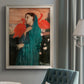 Impressionist portrait of a young woman with an ibis by Edgar Degas in an {frame_style_descriptor} displayed in a neutral interior setting.