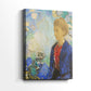 Side view of a canvas art print of a refined portrait with subtle expression and soft edges, showing gallery-wrapped depth.
