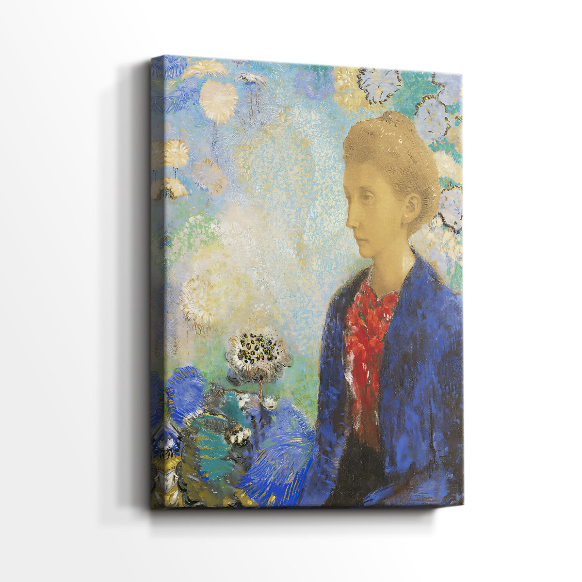 Side view of a canvas art print of a refined portrait with subtle expression and soft edges, showing gallery-wrapped depth.