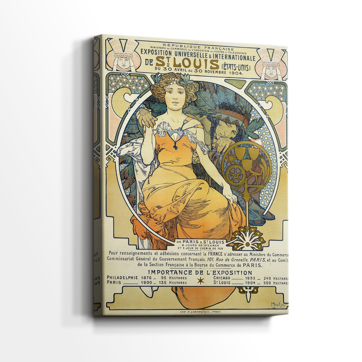 Side view of a canvas art print of a decorative poster with flowing lines and elegant composition, showing gallery-wrapped depth.