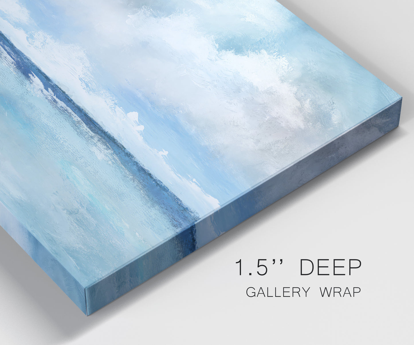 Close-up view of wrapped canvas corner featuring tropical clouds over ocean horizon.