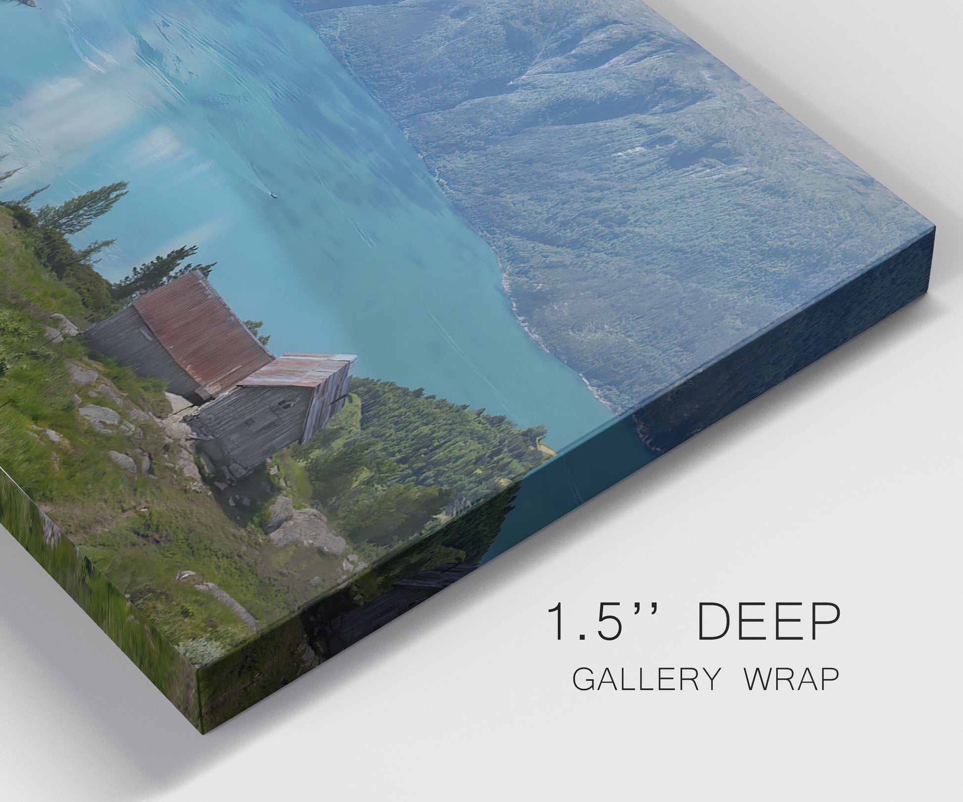 Close-up view of wrapped canvas corner featuring symmetrical water reflections with trees.