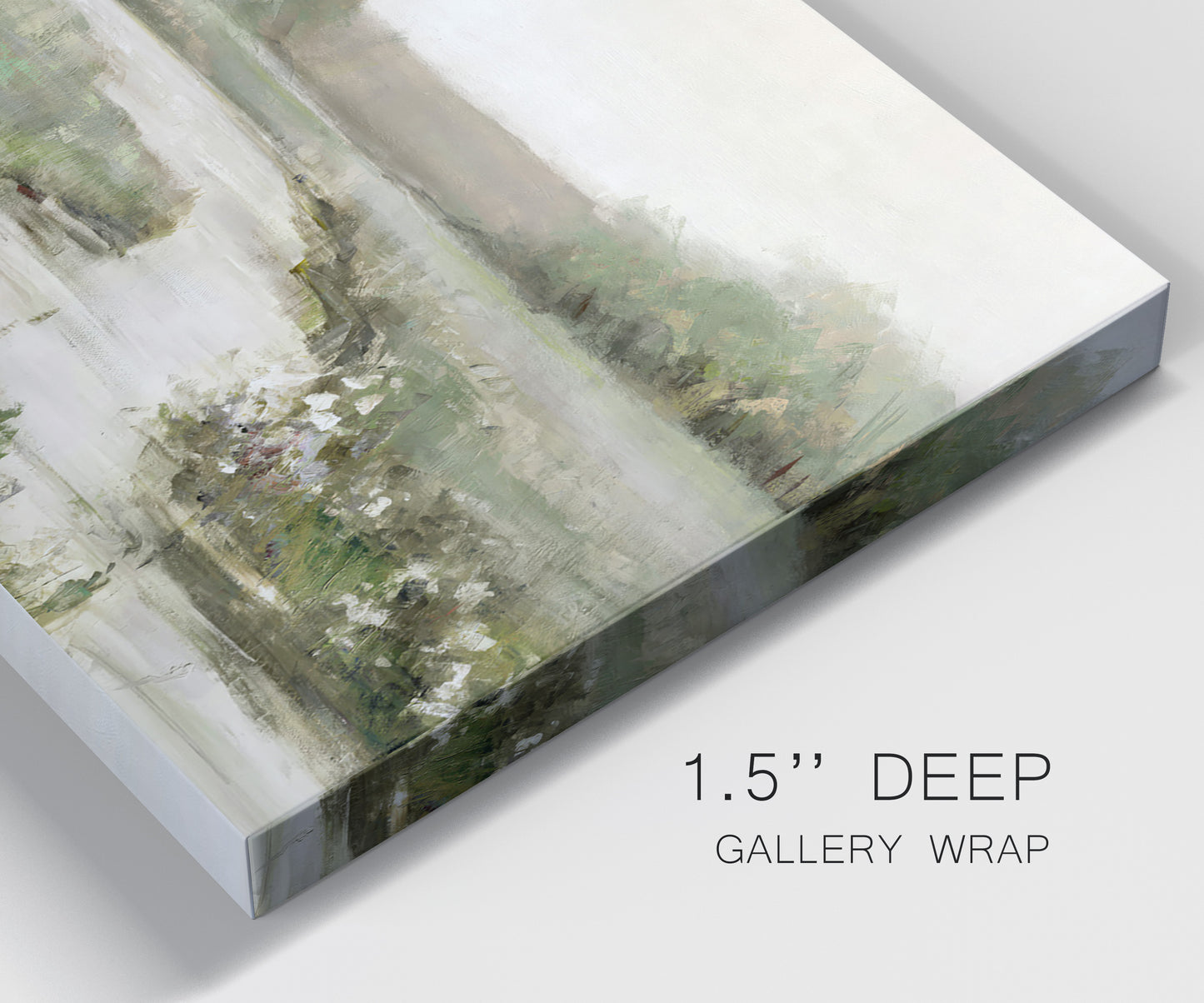 Close-up view of wrapped canvas corner featuring narrow path through quiet landscape.