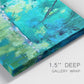 Close-up view of wrapped canvas corner featuring abstract river composition with movement.