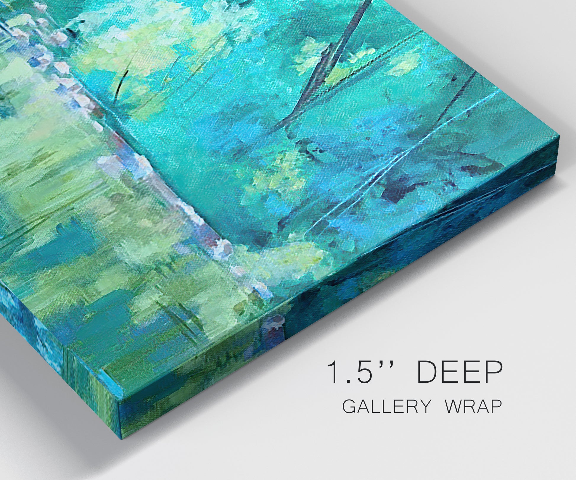 Close-up view of wrapped canvas corner featuring abstract river composition with movement.